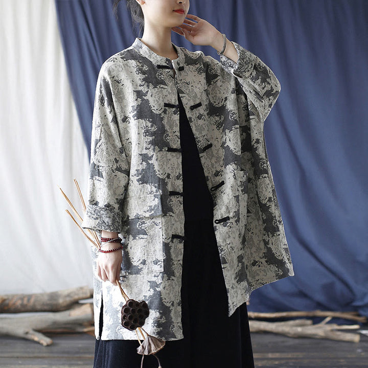 Buddha Stones Black Gray Beige Print Frog-button Design Long Sleeve Cotton Linen Jacket Shirt With Pockets