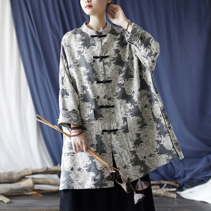 Buddha Stones Black Gray Beige Print Frog-button Design Long Sleeve Cotton Linen Jacket Shirt With Pockets