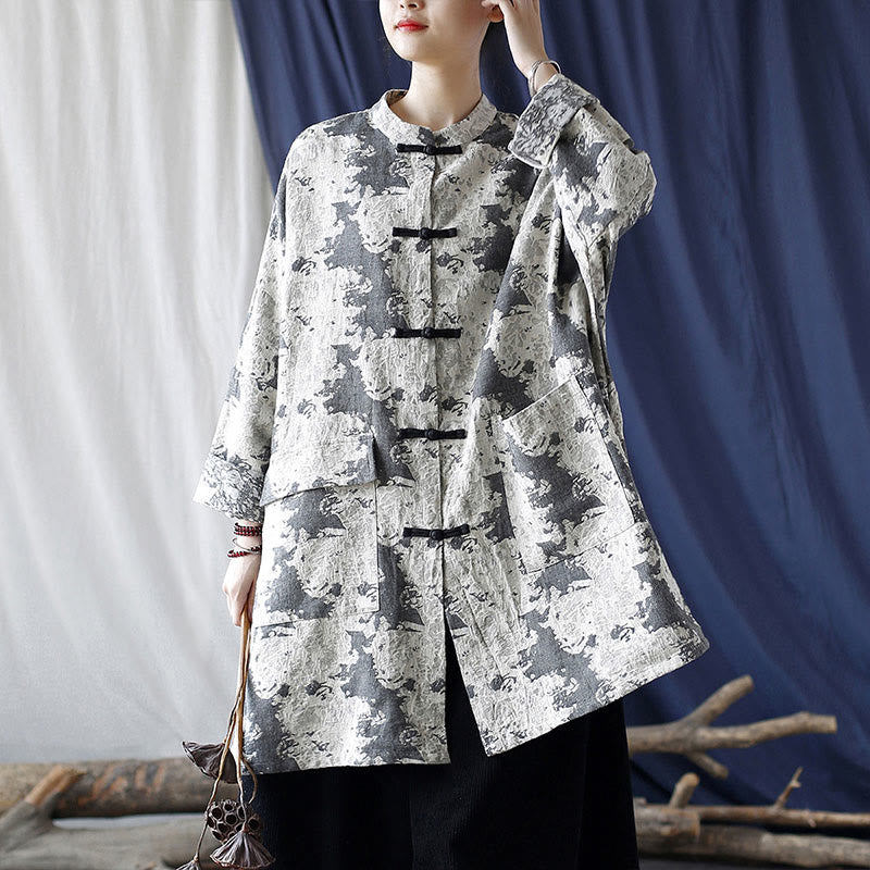 Buddha Stones Black Gray Beige Print Frog-button Design Long Sleeve Cotton Linen Jacket Shirt With Pockets