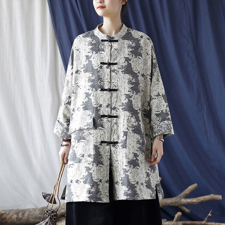 Buddha Stones Black Gray Beige Print Frog-button Design Long Sleeve Cotton Linen Jacket Shirt With Pockets