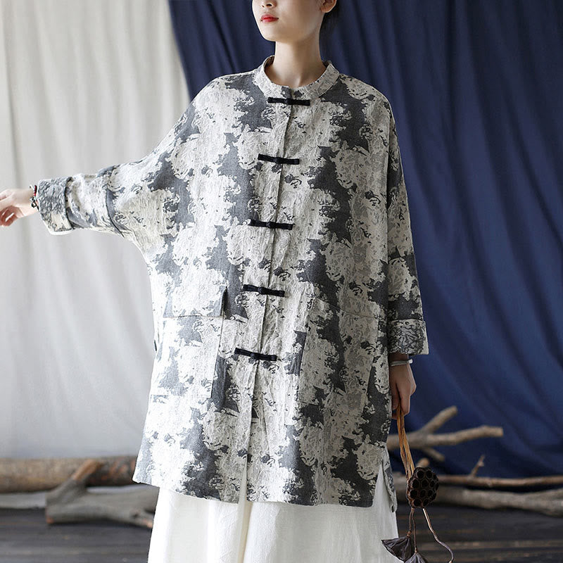 Buddha Stones Black Gray Beige Print Frog-button Design Long Sleeve Cotton Linen Jacket Shirt With Pockets