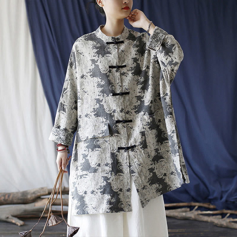 Buddha Stones Black Gray Beige Print Frog-button Design Long Sleeve Cotton Linen Jacket Shirt With Pockets