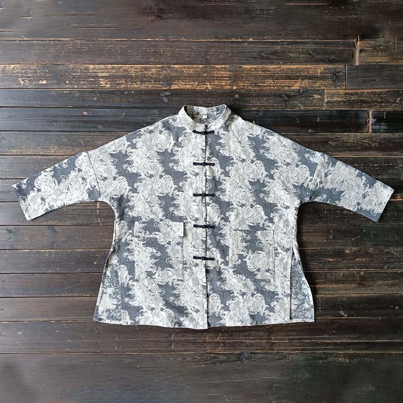 Buddha Stones Black Gray Beige Print Frog-button Design Long Sleeve Cotton Linen Jacket Shirt With Pockets