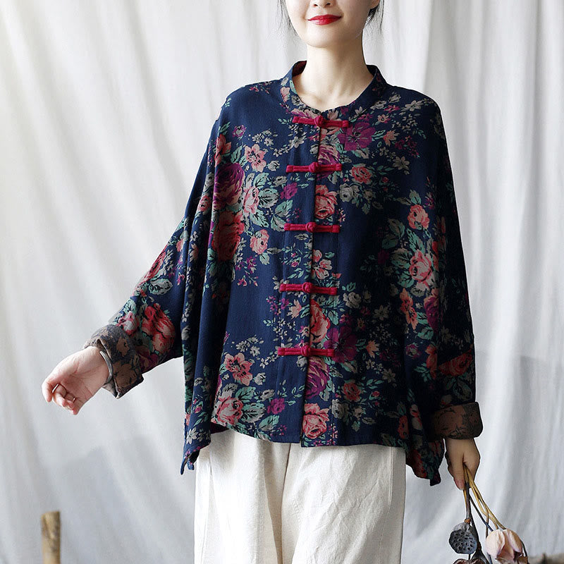 Buddha Stones Red Flowers Green Leaves Print Frog-button Design Long Sleeve Cotton Linen Jacket Shirt