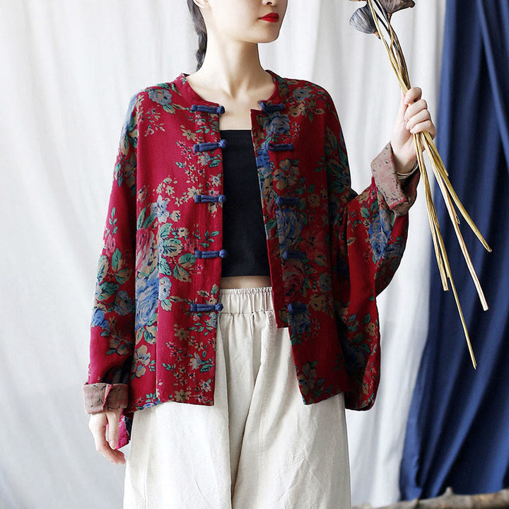 Buddha Stones Red Flowers Green Leaves Print Frog-button Design Long Sleeve Cotton Linen Jacket Shirt