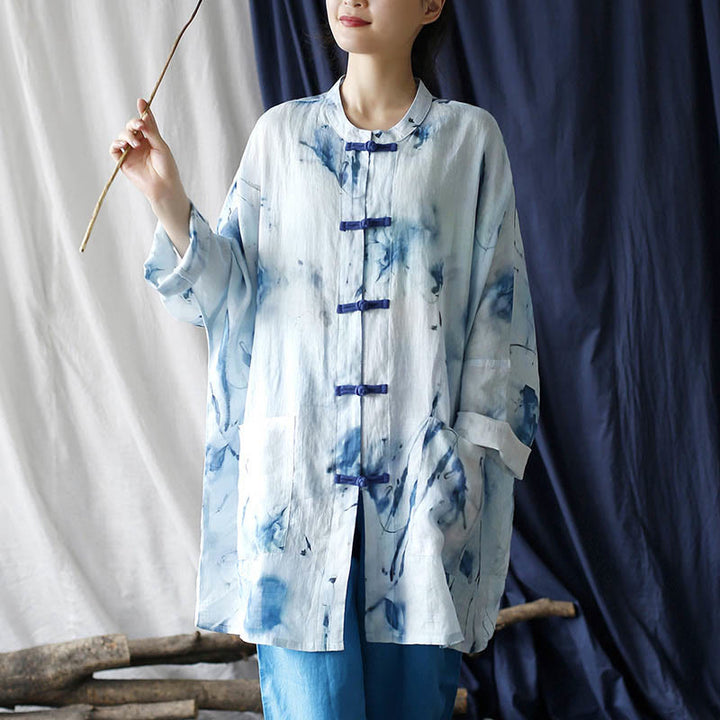 Buddha Stones Blue White Ink Printing Frog-button Design Long Sleeve Ramie Linen Jacket Shirt With Pockets