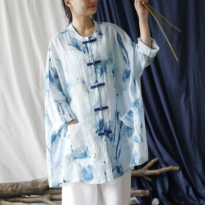 Buddha Stones Blue White Ink Printing Frog-button Design Long Sleeve Ramie Linen Jacket Shirt With Pockets