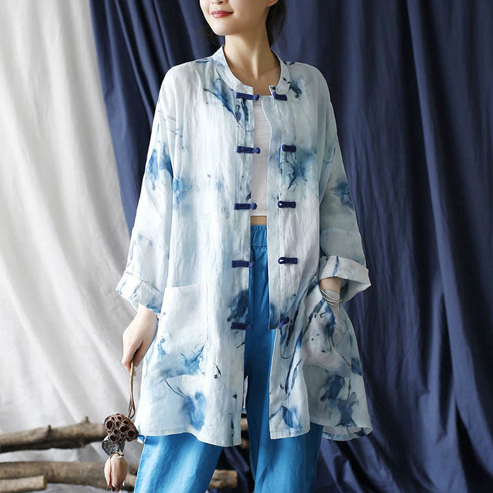 Buddha Stones Blue White Ink Printing Frog-button Design Long Sleeve Ramie Linen Jacket Shirt With Pockets