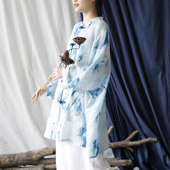 Buddha Stones Blue White Ink Printing Frog-button Design Long Sleeve Ramie Linen Jacket Shirt With Pockets