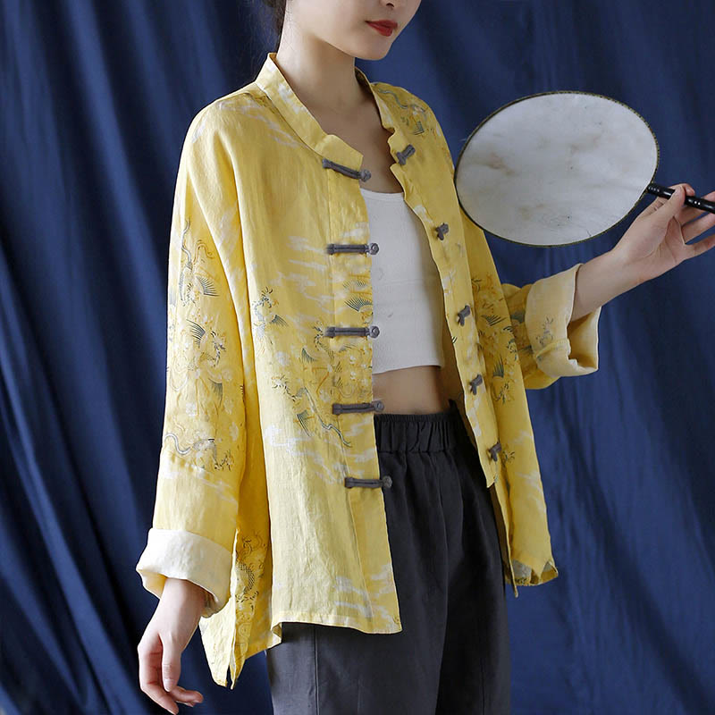 Buddha Stones Yellow Phoenix Print Frog-button Design Long Sleeve Ramie Linen Jacket Shirt