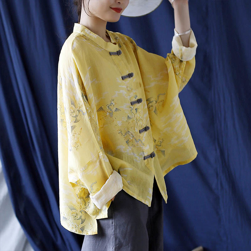 Buddha Stones Yellow Phoenix Print Frog-button Design Long Sleeve Ramie Linen Jacket Shirt