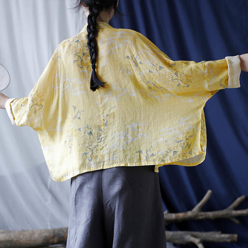 Buddha Stones Yellow Phoenix Print Frog-button Design Long Sleeve Ramie Linen Jacket Shirt