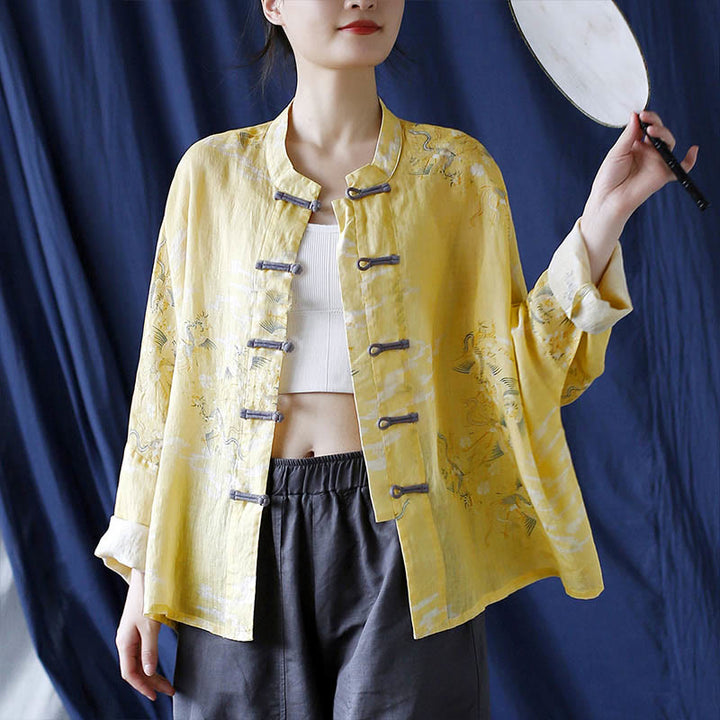 Buddha Stones Yellow Phoenix Print Frog-button Design Long Sleeve Ramie Linen Jacket Shirt