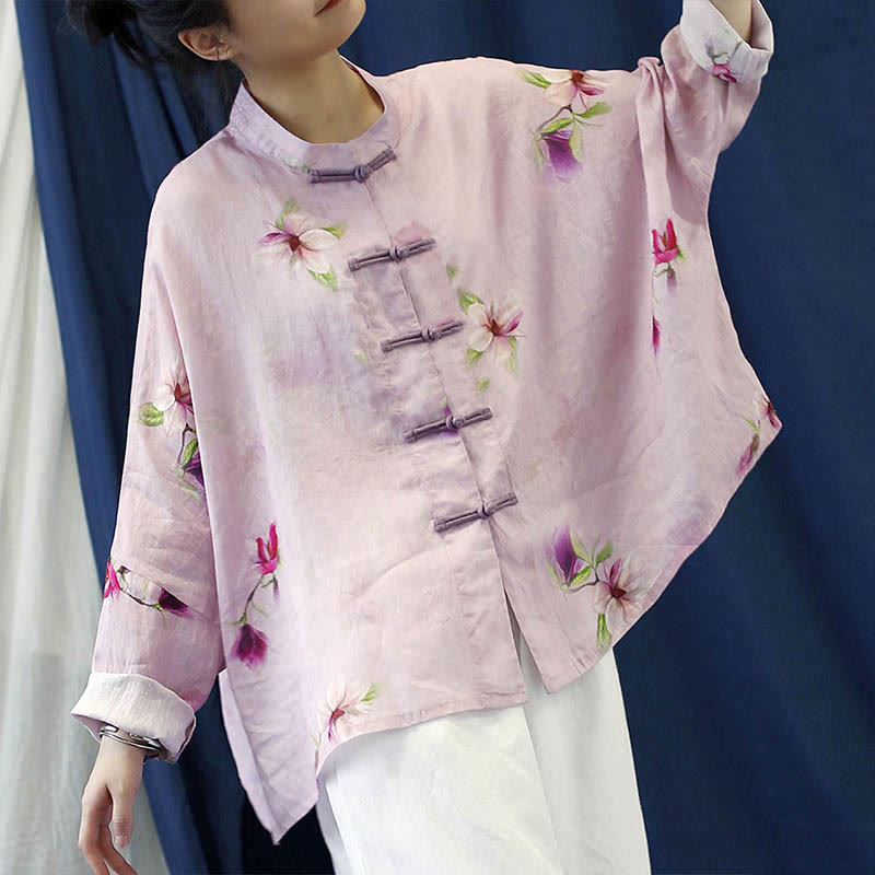 Buddha Stones Pink Flower Print Frog-button Design Batwing Long Sleeve Ramie Linen Jacket Shirt - image 4