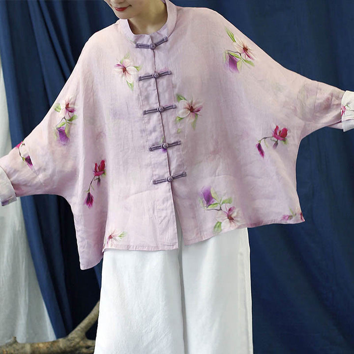 Buddha Stones Pink Flower Print Frog-button Design Batwing Long Sleeve Ramie Linen Jacket Shirt