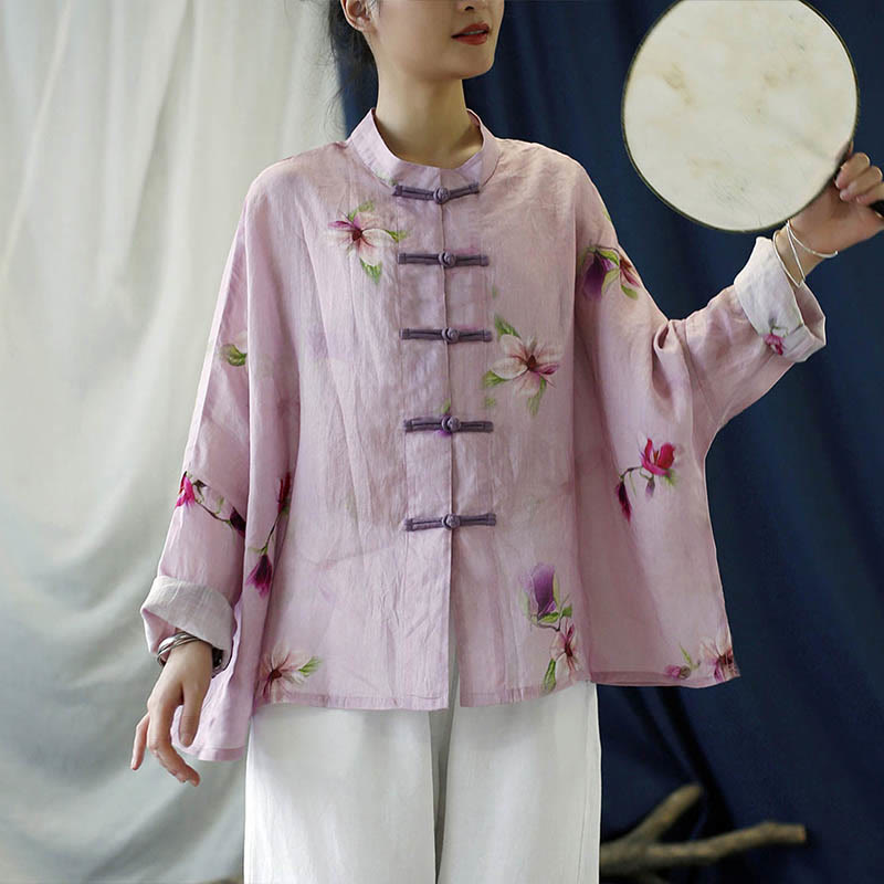 Buddha Stones Pink Flower Print Frog-button Design Batwing Long Sleeve Ramie Linen Jacket Shirt - image 13