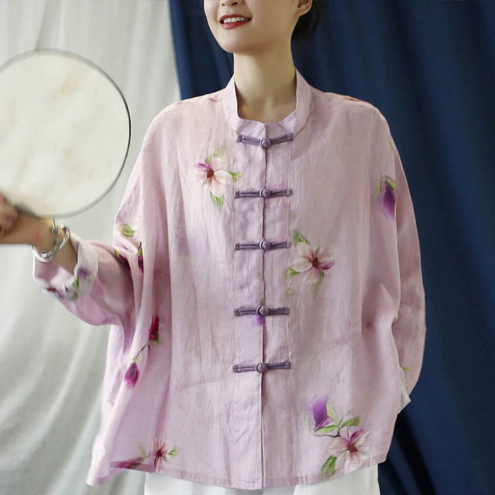 Buddha Stones Pink Flower Print Frog-button Design Batwing Long Sleeve Ramie Linen Jacket Shirt