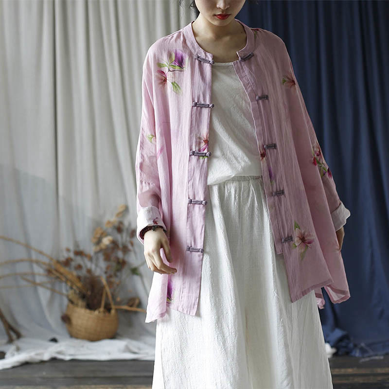 Buddha Stones Pink Flower Print Frog-button Design Batwing Long Sleeve Ramie Linen Jacket Shirt - Pink Flower Long Style(Fit for US4-14; UK/AU8-18; EU36-46)(Jacket Only) - image 17