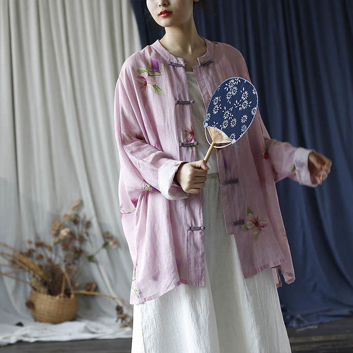 Buddha Stones Pink Flower Print Frog-button Design Batwing Long Sleeve Ramie Linen Jacket Shirt