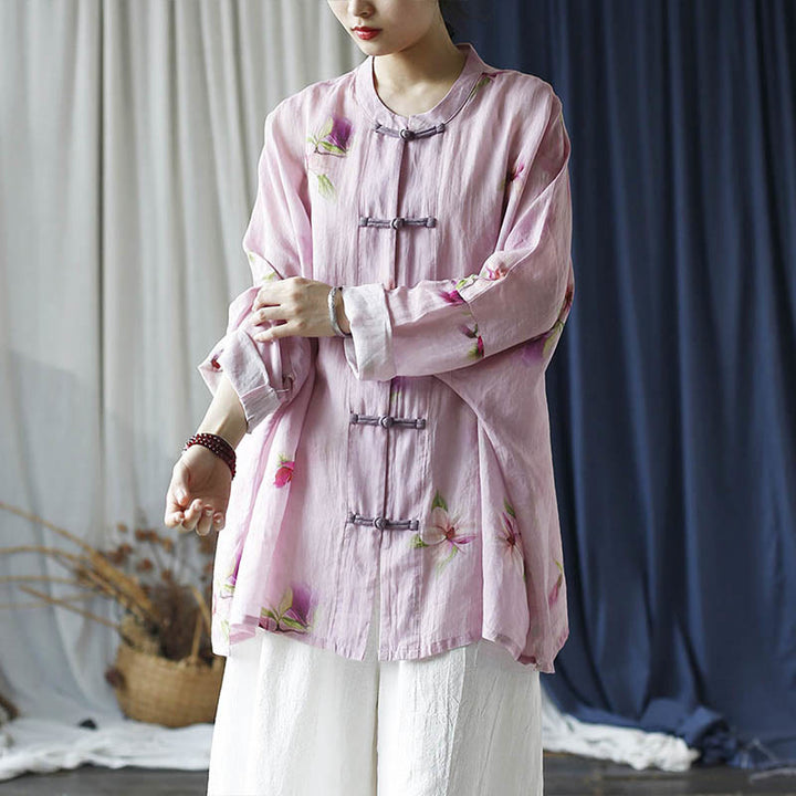 Buddha Stones Pink Flower Print Frog-button Design Batwing Long Sleeve Ramie Linen Jacket Shirt