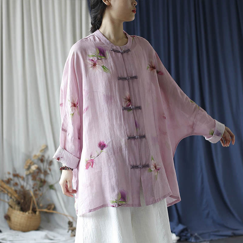 Buddha Stones Pink Flower Print Frog-button Design Batwing Long Sleeve Ramie Linen Jacket Shirt