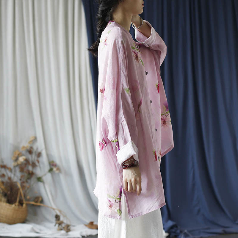 Buddha Stones Pink Flower Print Frog-button Design Batwing Long Sleeve Ramie Linen Jacket Shirt