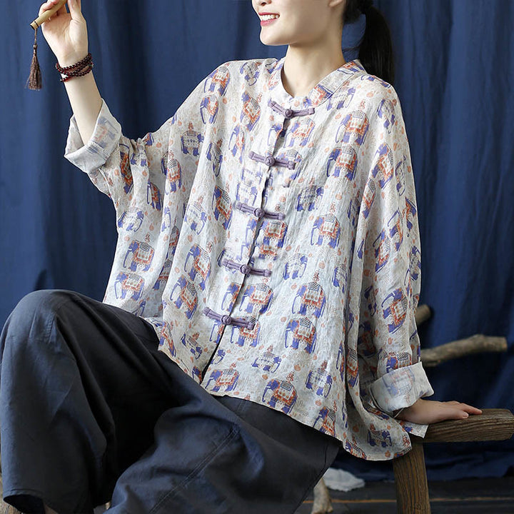 Buddha Stones Elephant Print Frog-button Design Batwing Long Sleeve Ramie Linen Jacket Shirt