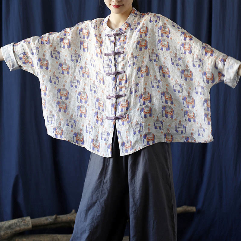 Buddha Stones Elephant Print Frog-button Design Batwing Long Sleeve Ramie Linen Jacket Shirt