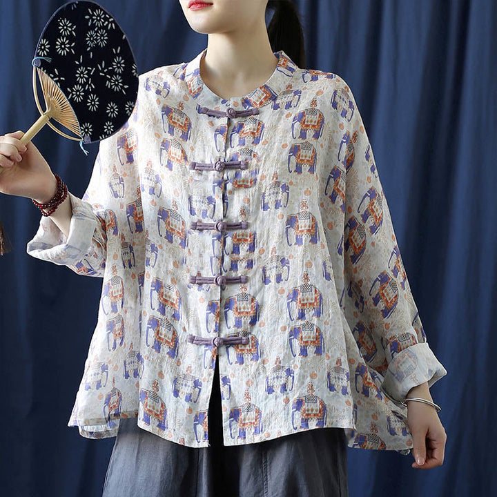 Buddha Stones Elephant Print Frog-button Design Batwing Long Sleeve Ramie Linen Jacket Shirt