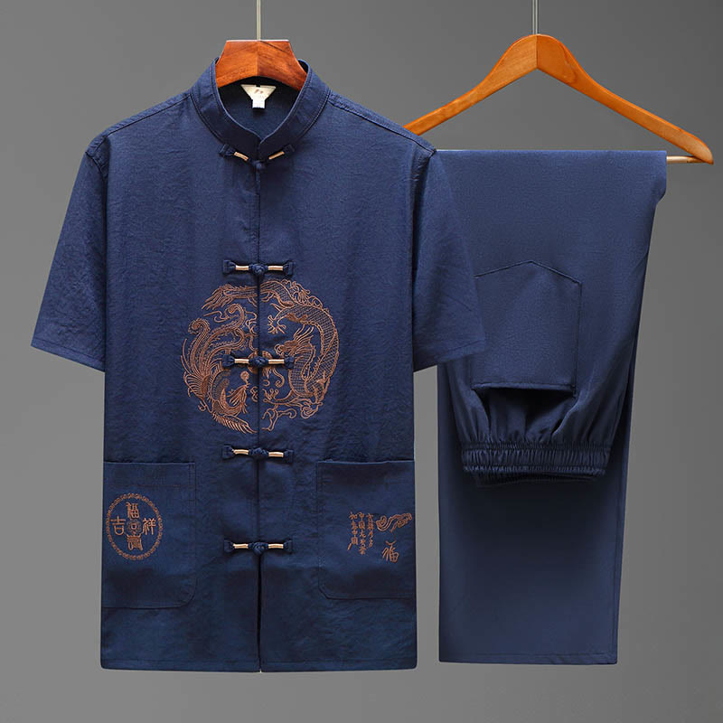 Buddha Stones Dragon Fu Character Tang Suit Traditional Short Sleeve Shirt Wide Leg Pants Clothing Men's Set - Blue(Top&Pants) - US/UK/AU44，EU54 (4XL) - image 0