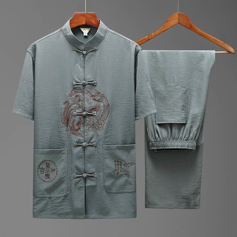 Buddha Stones Dragon Fu Character Tang Suit Traditional Short Sleeve Shirt Wide Leg Pants Clothing Men's Set - Gray(Top&Pants) - US/UK/AU44，EU54 (4XL) - image 2