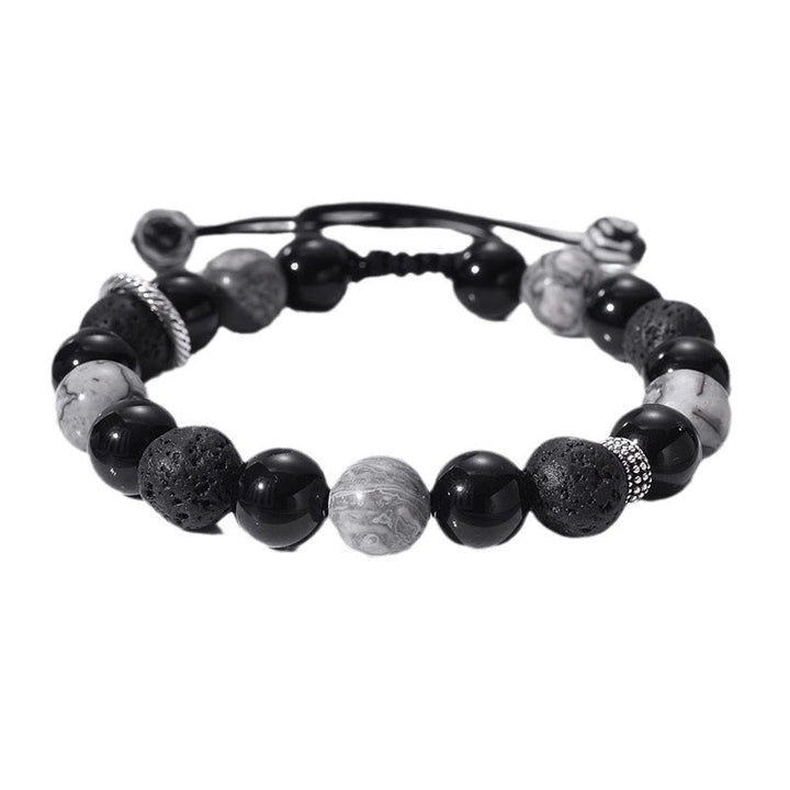 Buddha Stones Vintage Lava Rock Black Obsidian Picasso Jasper Beads Support Rope Bracelet