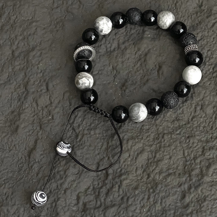 Buddha Stones Vintage Lava Rock Black Obsidian Picasso Jasper Beads Support Rope Bracelet