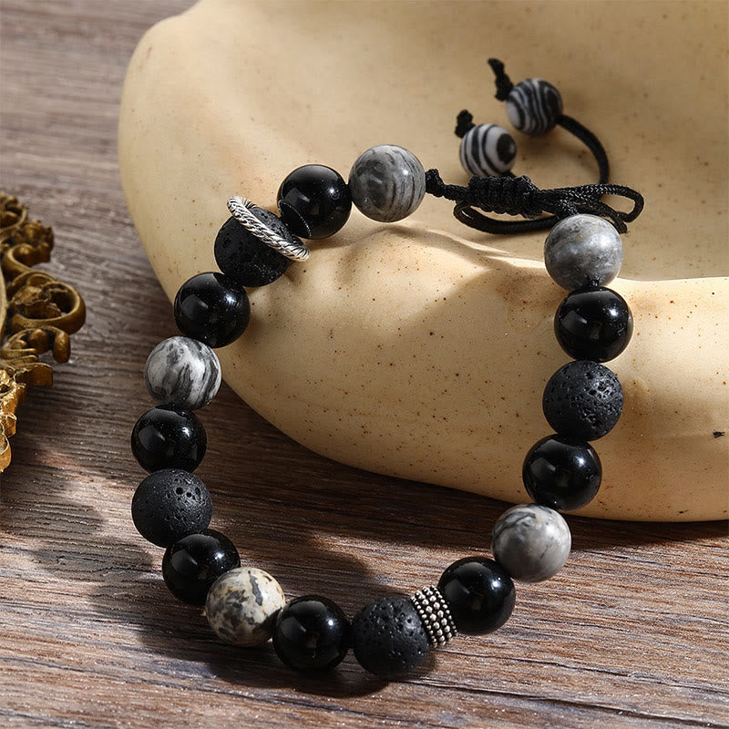 Buddha Stones Vintage Lava Rock Black Obsidian Picasso Jasper Beads Support Rope Bracelet