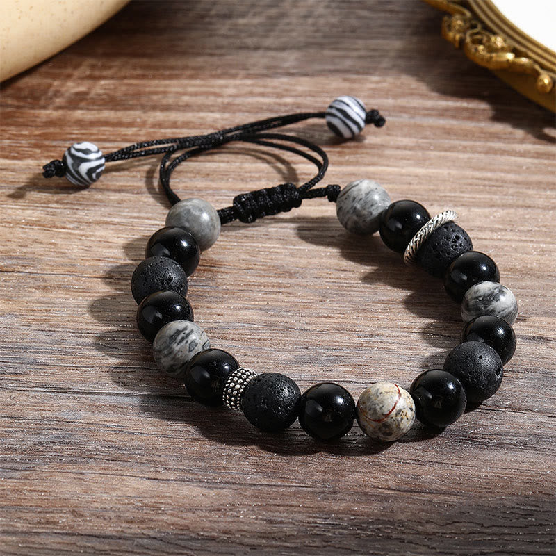 Buddha Stones Vintage Lava Rock Black Obsidian Picasso Jasper Beads Support Rope Bracelet