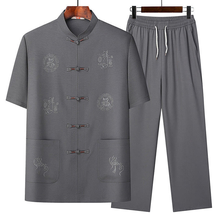 Buddha Stones Fu Character Good Fortune Embroidery Tang Suit Traditional Uniform Short Sleeve Top Pants Clothing Men's Set