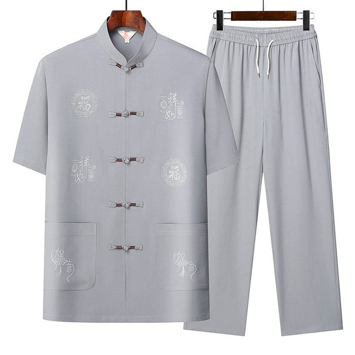 Buddha Stones Fu Character Good Fortune Embroidery Tang Suit Traditional Uniform Short Sleeve Top Pants Clothing Men's Set