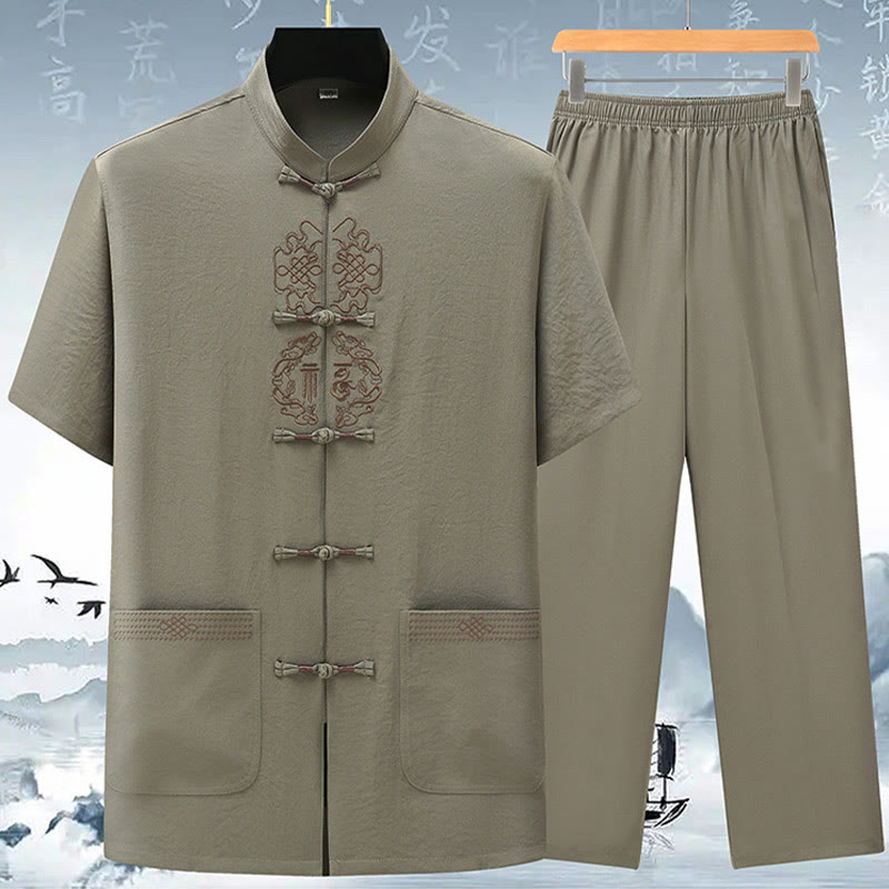 Buddha Stones Fu Character Chinese Knotting Embroidery Tang Suit Traditional Short Sleeve Top Pants Clothing Men's Set - Light Green(Top&Pants) - US/UK/AU42，EU52 (3XL) - image 2