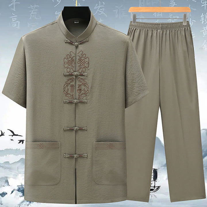 Buddha Stones Fu Character Chinese Knotting Embroidery Tang Suit Traditional Short Sleeve Top Pants Clothing Men's Set - Light Green(Top&Pants) - US/UK/AU42，EU52 (3XL) - image 2