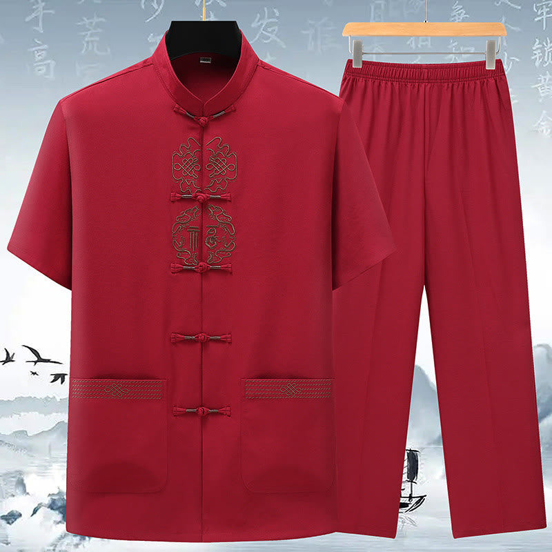 Buddha Stones Fu Character Chinese Knotting Embroidery Tang Suit Traditional Short Sleeve Top Pants Clothing Men's Set - Red(Top&Pants) - US/UK/AU42，EU52 (3XL) - image 1