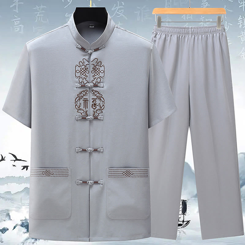 Buddha Stones Fu Character Chinese Knotting Embroidery Tang Suit Traditional Short Sleeve Top Pants Clothing Men's Set - Light Gray(Top&Pants) - US/UK/AU42，EU52 (3XL) - image 3