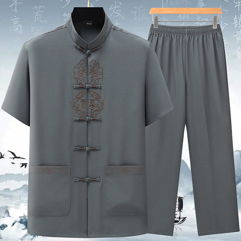Buddha Stones Fu Character Chinese Knotting Embroidery Tang Suit Traditional Short Sleeve Top Pants Clothing Men's Set - Gray(Top&Pants) - US/UK/AU42，EU52 (3XL) - image 5
