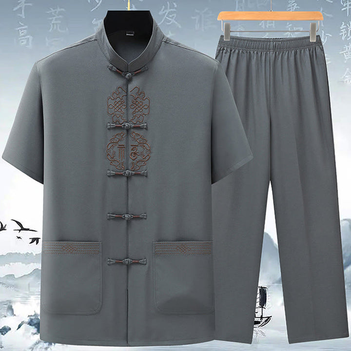 Buddha Stones Fu Character Chinese Knotting Embroidery Tang Suit Traditional Short Sleeve Top Pants Clothing Men's Set - Gray(Top&Pants) - US/UK/AU42，EU52 (3XL) - image 5