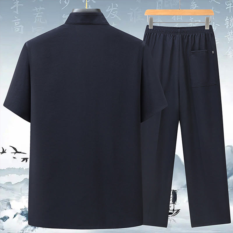 Buddha Stones Fu Character Chinese Knotting Embroidery Tang Suit Traditional Short Sleeve Top Pants Clothing Men's Set - image 7
