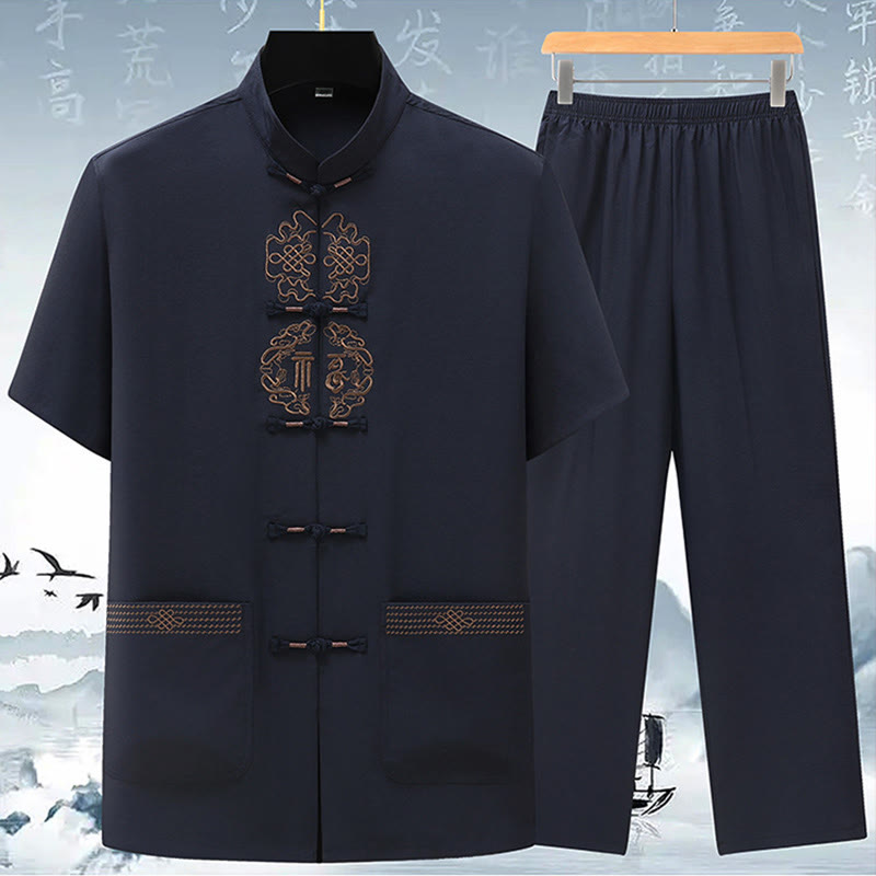 Buddha Stones Fu Character Chinese Knotting Embroidery Tang Suit Traditional Short Sleeve Top Pants Clothing Men's Set - Dark Blue(Top&Pants) - US/UK/AU42，EU52 (3XL) - image 6