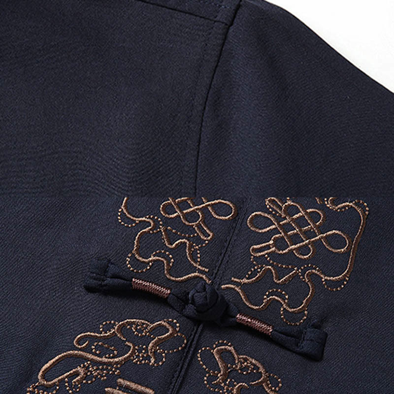 Buddha Stones Fu Character Chinese Knotting Embroidery Tang Suit Traditional Short Sleeve Top Pants Clothing Men's Set - image 9