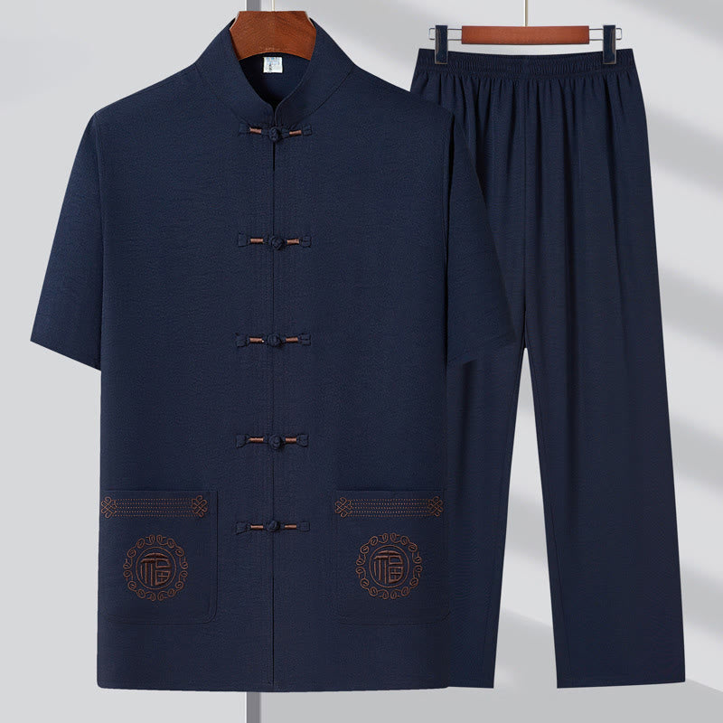 Buddha Stones Fu Character Embroidery Tang Suit Traditional Frog-Button Short Sleeve Top Pants Clothing Men's Set - Dark Blue(Top&Pants) - US/UK/AU44，EU54 (4XL) - image 1