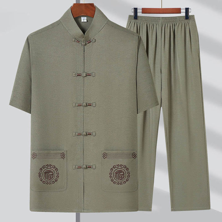 Buddha Stones Fu Character Embroidery Tang Suit Traditional Frog-Button Short Sleeve Top Pants Clothing Men's Set - Light Green(Top&Pants) - US/UK/AU44，EU54 (4XL) - image 0