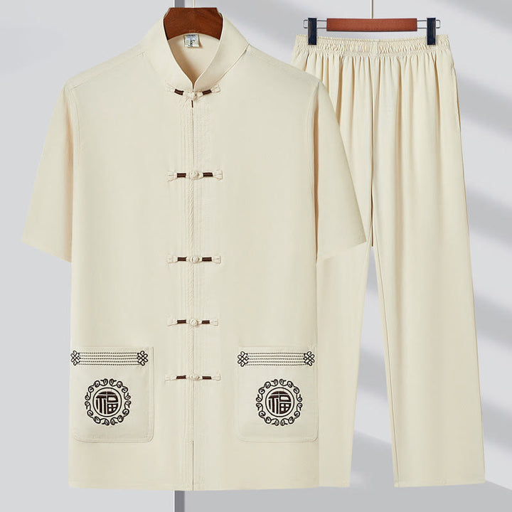 Buddha Stones Fu Character Embroidery Tang Suit Traditional Frog-Button Short Sleeve Top Pants Clothing Men's Set - Beige(Top&Pants) - 4XL(Fit for US/UK/AU44; EU54) - image 2