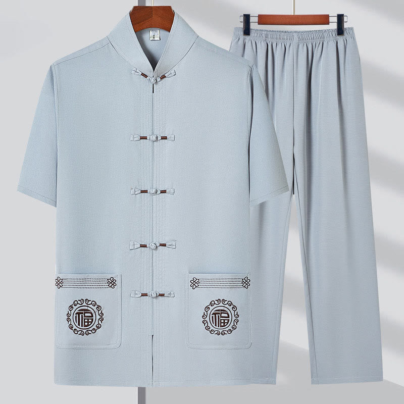Buddha Stones Fu Character Embroidery Tang Suit Traditional Frog-Button Short Sleeve Top Pants Clothing Men's Set - Light Gray(Top&Pants) - US/UK/AU44，EU54 (4XL) - image 5